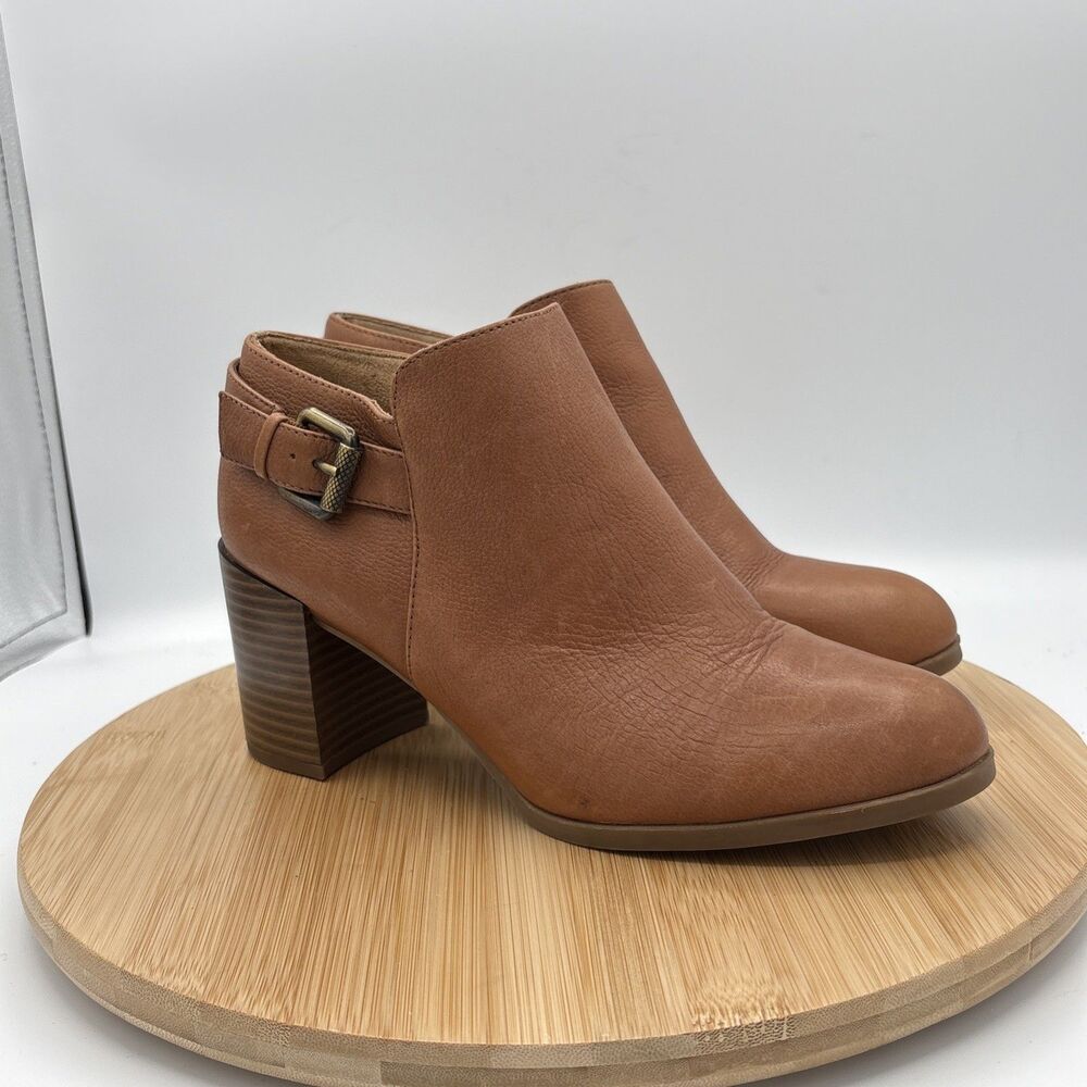 Naturalizer Women’s Brown Leather Ankle Bootie Buckle Block Heel Side Zip 9